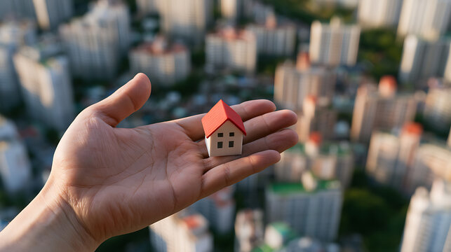 A person holds a small model house in hand with a city full of tall apartment buildings blurred in the background for real estate concept