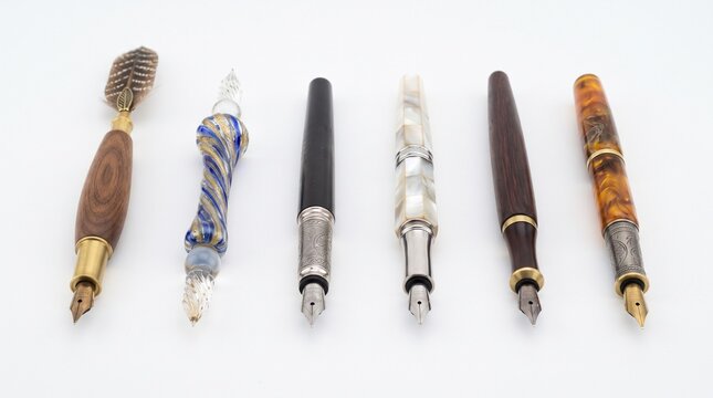 Collection of six elegant handmade fountain pens and classic writing instruments displayed in a row on a clean white studio background