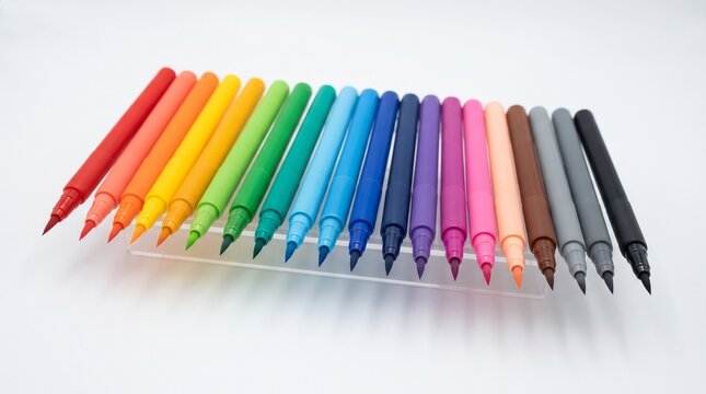 Colorful felt tip markers arranged in a rainbow spectrum on a transparent stand against a white background