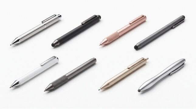 Modern collection of sleek metallic stylus pens for digital tablets and touchscreens in various sophisticated professional colors and finishes