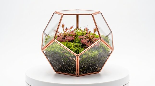 Sundew plants in geometric copper glass terrarium on white rotating display stand.