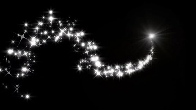 Elegant white particle beam streak with shimmering light bursts luxury star flare overlay and swirling magic dust trail for christmas celebration on black background. 4k