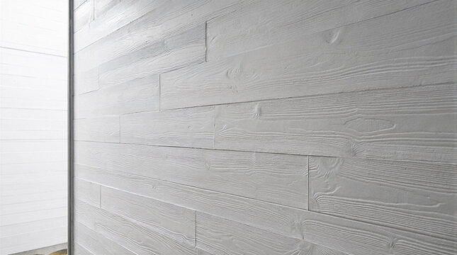 Cast-in-place concrete wall featuring a 40mm-deep form liner pattern of horizontal timber planks pigmented with titanium dioxide