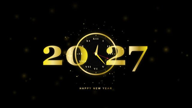 New year 2027 gold numbers with ticking clock face on black background featuring sparkling particles and festive motion graphic style.
