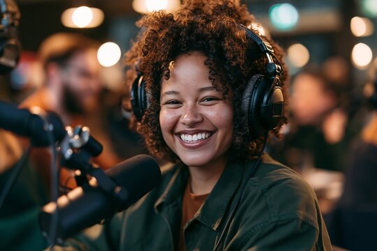 Smiling young woman with curly hair wearing headphones and speaking into a podcast microphone