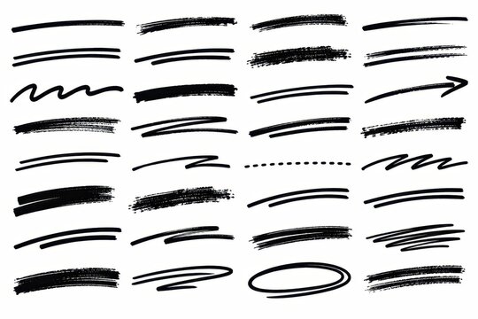 Hand drawn grunge brush underline set with black marker strokes, rough line collection isolated on white background for design projects