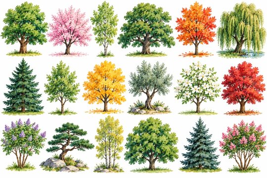 Hand-painted watercolor tree collection with botanical woodland illustrations for nature publishing, eco branding, and forest decor projects