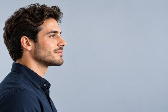 Profile portrait of person in side view with clean background and copy space for healthcare branding editorial design
