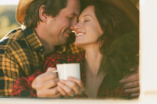 Couple in flannel shirts sharing a warm drink together inside a camper van during golden hour