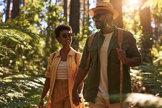 Couple hiking together through a lush forest trail with sunlight filtering through the tall trees