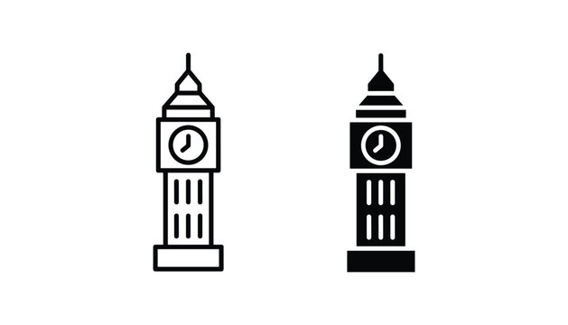 Big Ben tower vector icon isolated on white Black and white outline line art and solid glyph silhouette