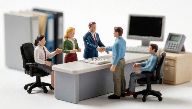 Miniature figurine group people office setting there men women sitting desk front computer monitor telephone m
