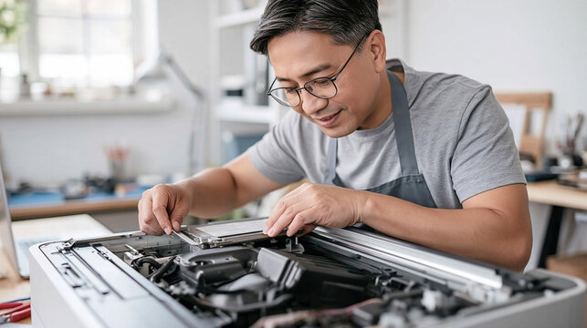 Technician Repairing Open Printer Mechanism At Workbench