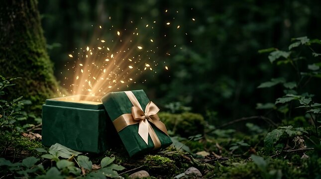 An enchanting depiction of a luxurious dark green gift box bursting with radiant golden light and magical energy suggesting wonder and opulence
