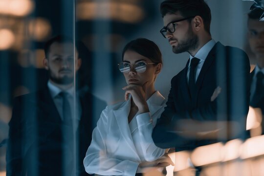 Team of focused business professionals looking through a glass wall in a dark modern office
