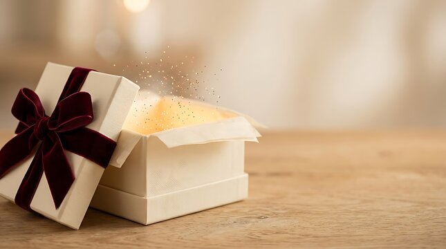 An exquisitely presented open gift box adorned with a luxurious dark ribbon suggests celebration surprise and the anticipation of a delightful treasure within beautifully displayed