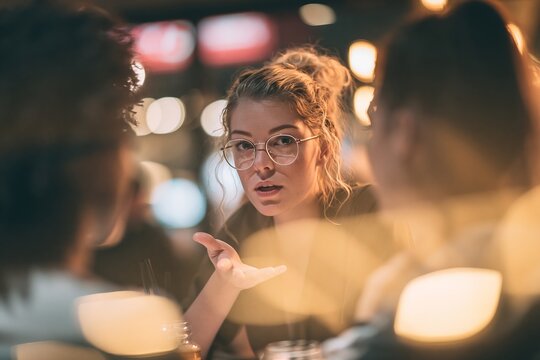 Young woman with glasses talking to friends in a dimly lit bar with soft bokeh background lights
