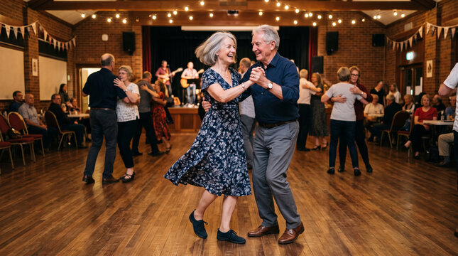 Happy senior couple dancing at a social event with live music