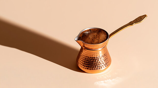 A traditional copper coffee pot filled with dark brewed coffee sit on a smooth beige surface with strong dramatic morning sun light cast