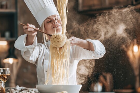 Female chef in white uniform tossing fresh pasta dough with flour particles in a rustic kitchen