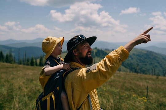 Father carrying his young son in a hiking backpack while pointing at the mountain landscape