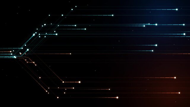 Abstract digital data lines with glowing connection points flow across black background in a futuristic technology concept motion loop.