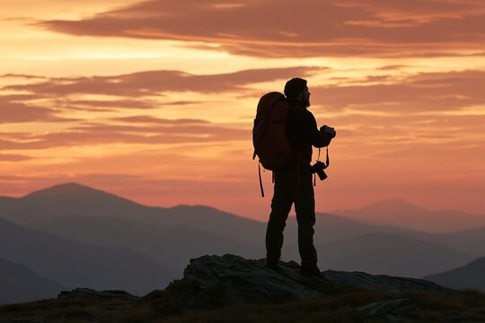 Lone hiker with a backpack standing on a mountain peak during a vibrant orange sunset sky