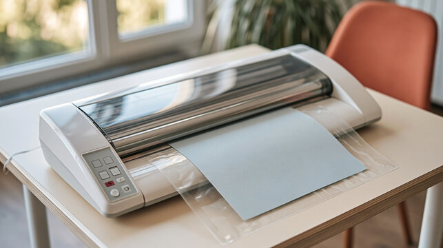 Desktop Laminating Machine Processing Blue Sheet Near Window