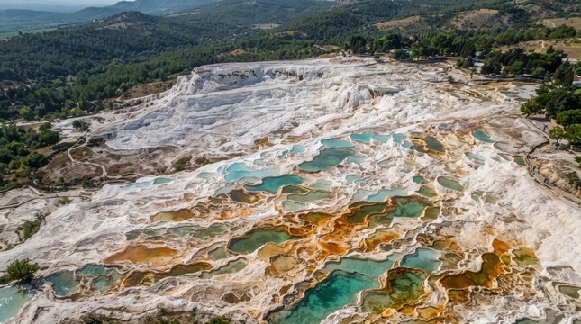 Aerial view of white mineral hot spring terraces with blue with Natural mineral terraces form tiered pools vibrant turquoise orange water against mountainous landscape environment destination basin