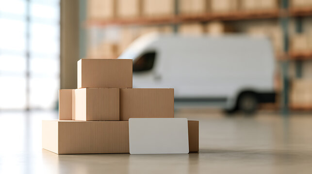 Cardboard parcel boxes stack in large warehouse interior with blur delivery van background for cargo export import and distribution business