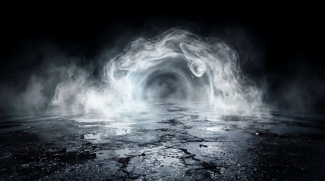Bright white smoke explosion rising from a dark textured ground surface in the night time atmospheric moody lighting