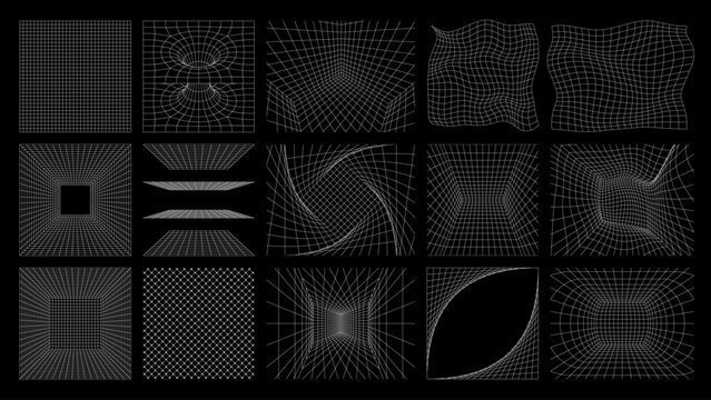 Wireframe grid distortion perspective 3D illusion, warped geometric mesh texture, futuristic cyber landscape grid, optical math topology surface, abstract distorted spatial net background collection