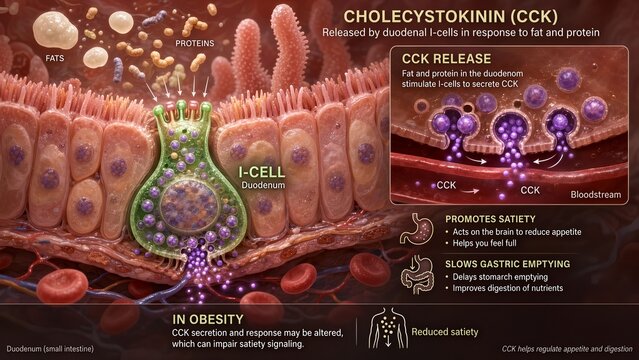 Biological illustration of a duodenal i-cell with a zoomed inset showing cholecystokinin release in response to fat and protein to promote satiety and slow emptying