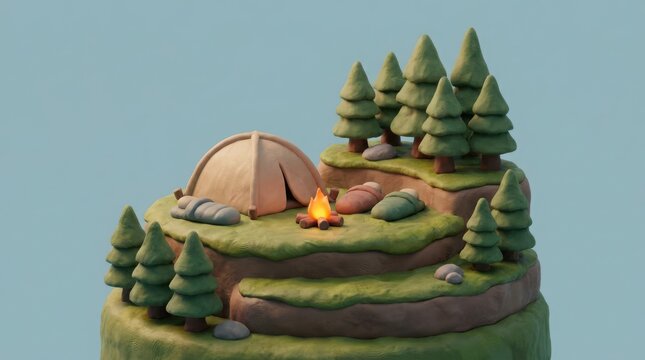 A clay style miniature campsite featuring a tent and glowing campfire on a grassy mountain with terraced mountain landscape fire situated terraced model small campsite landscape pine trees camping