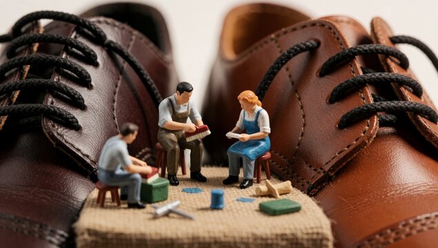 Miniature figurine man woman working pair brown leather shoes sitting stool standing next him both holding too