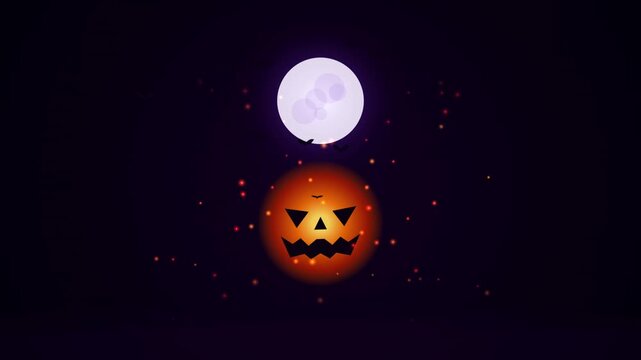 Glowing jack o lantern head floating beneath full moon with flying bats in dark starry night sky motion background for halloween celebration.