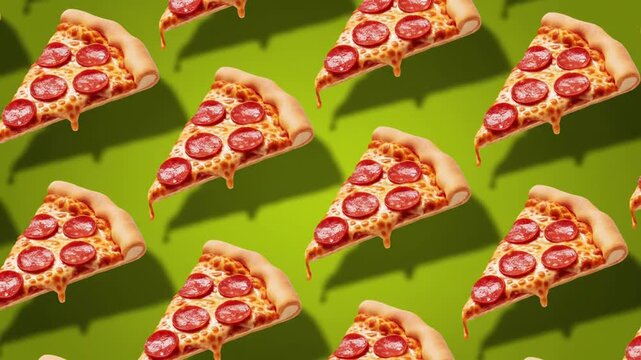 Pattern of pepperoni pizza slices with melting cheese on green background