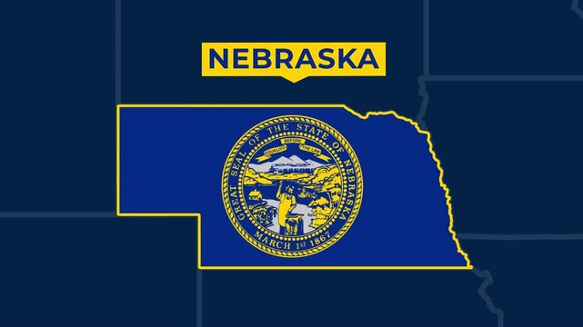 Satellite map animation of Nebraska, USA. Blinking territory, state flag, pinned name, animated outline of the border. Concept for broadcast, social media, education.