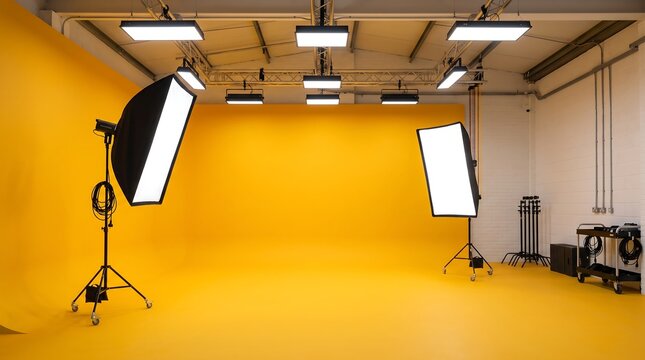 Professional photography studio with yellow backdrop, modern photo studio interior with softbox lighting, empty film set with equipment