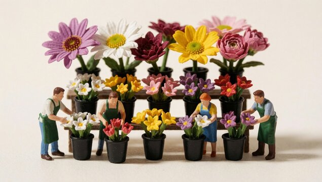 Group miniature figurines people working flower shop there potted plants total each different type arranged ro