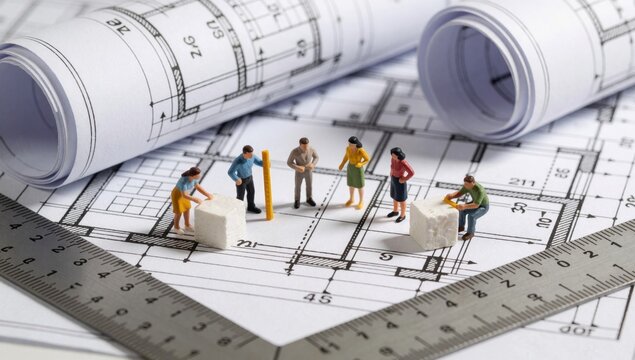 Group miniature people standing top blueprint architectural drawing laid table rolls blueprints ruler next dif