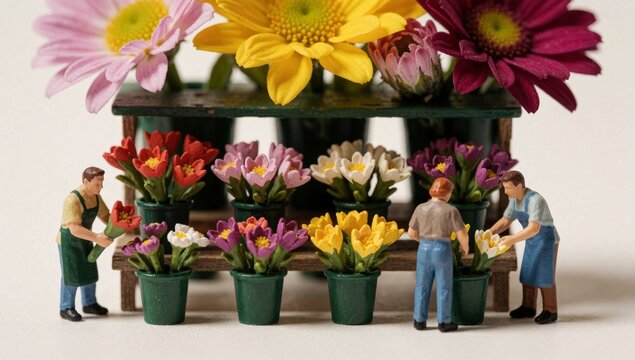 Group miniature figurines men working flower shop standing front wooden shelf filled colorful flowers various