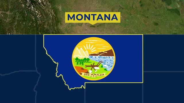 Satellite map animation of Montana USA. Blinking territory, state flag, pinned name, animated outline of the border. Concept for broadcast, social media, education.