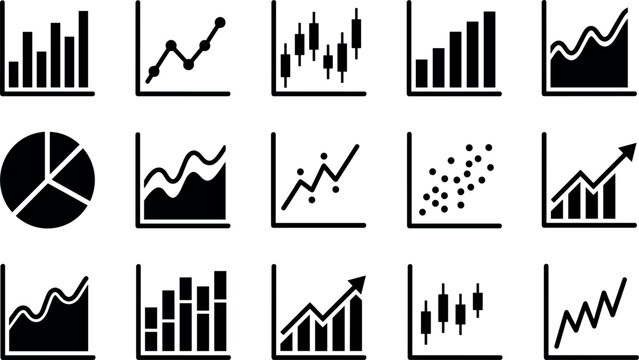 Comprehensive Financial Market Analysis and Corporate Data Metrics Flat Silhouette Icon Set Featuring Stock Candlesticks, Line Charts, and Predictive Scatter Plots
