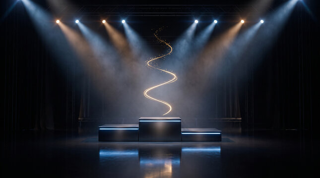 Illuminated metal winners podium stands centered on dark stage under bright spotlights with swirling golden particles creating a magical atmosphere
