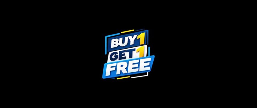 Dynamic Buy 1 Get 1 Free promotional offer animation with bold blue and yellow typography, clean modern graphic design, and smooth scaling motion on a black background, 