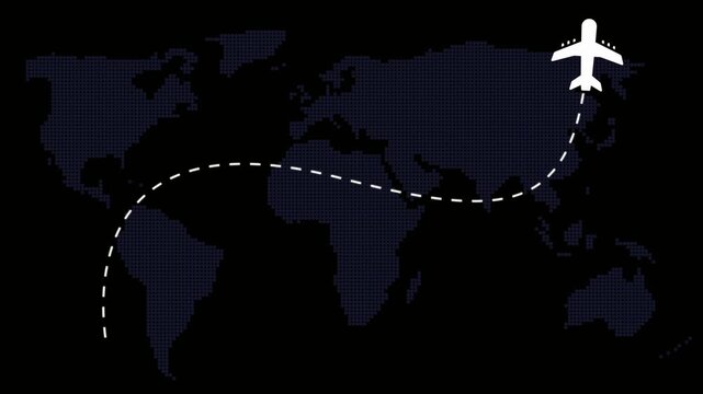 White airplane icon on dark world map background