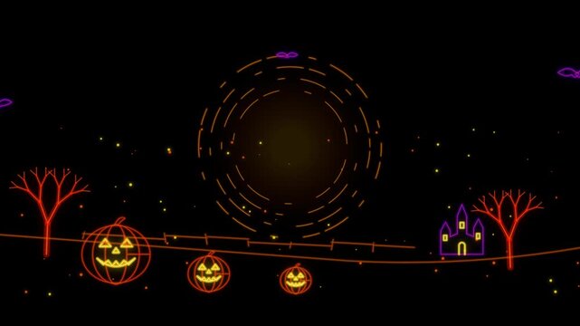 Glowing neon halloween pumpkins and spooky castle silhouettes against dark starry night sky motion background for festive seasonal holiday clip.