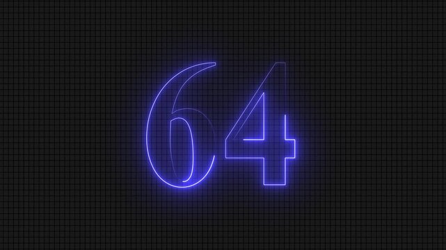Neon blue digital number sixty four on grid background