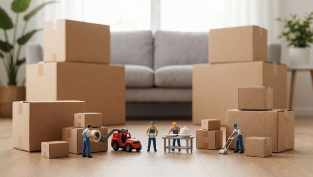 Group miniature people working living room there several large cardboard boxes stacked top each other floor le